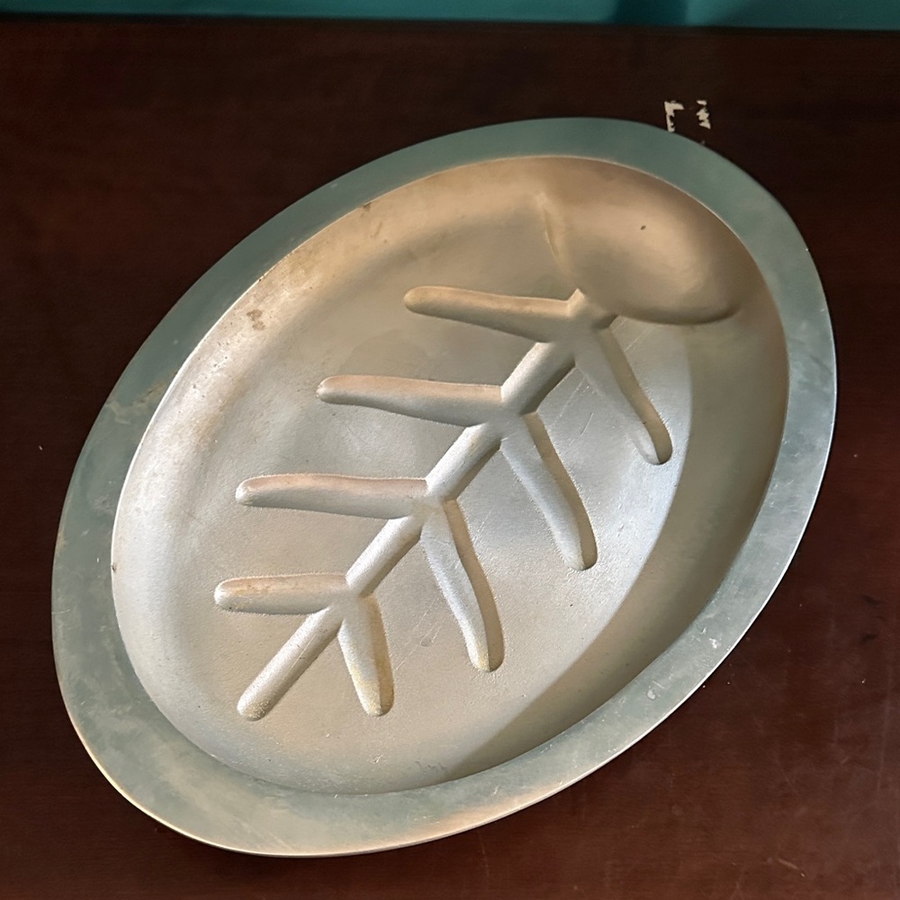 Silver Oval Leaf Design Platter, Pewter Perhaps, Christmas Gift Service Dish